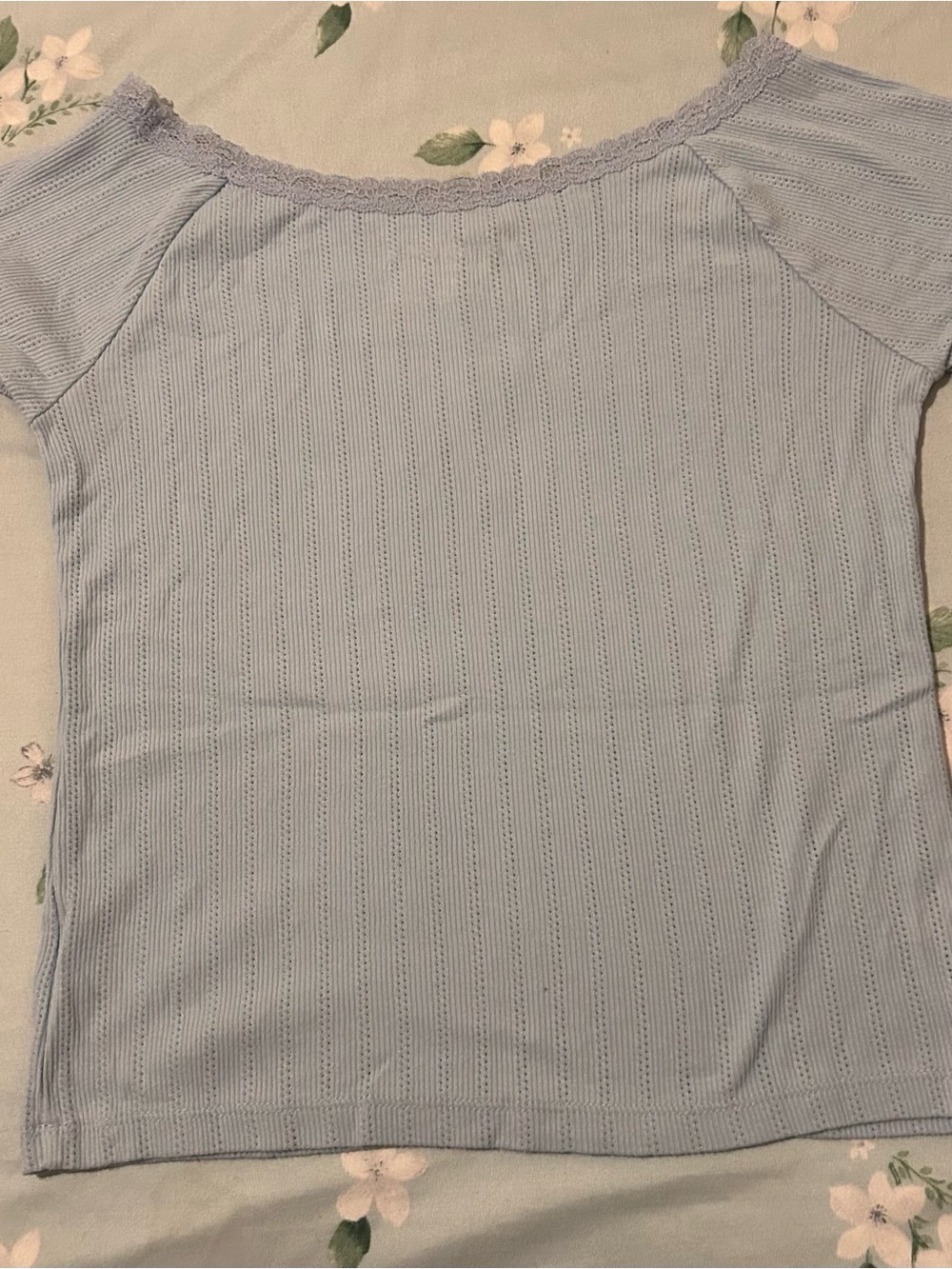 Aeropostale Light Blue Ribbed Lace-Trim Short Sleeve Top